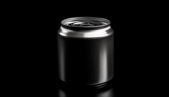 Metallic canister holds refreshing soda, reflecting shiny black background generated by AI photo