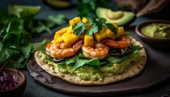 Grilled seafood and avocado salad, a gourmet healthy refreshment generated by AI photo