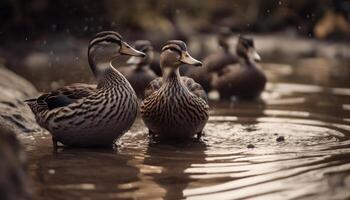 pato real Pato familia graznando por estanque en otoño césped antecedentes generado por ai foto