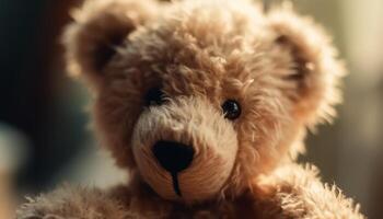 Cute stuffed teddy bear brings joy to playful child indoors generated by AI photo