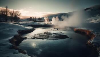 Majestic mountain cliff with flowing water and snowy landscape generated by AI photo