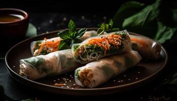 Fresh spring roll with pork and vegetables, served with sauce generated by AI photo