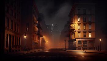 Nightfall in the city spooky skyline, illuminated streetlights , photo