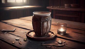 Rustic pottery bowl illuminated by burning candle generated by AI photo