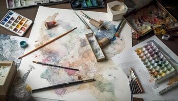 Messy workshop, artist palette reveals creativity chaos generated by AI photo