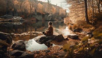 Meditating outdoors surrounded by autumn tranquil beauty generated by AI photo