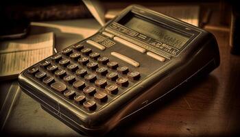 Old fashioned typewriter on wooden desk, nostalgic technology generated by AI photo