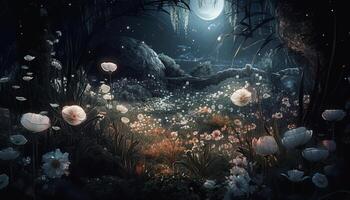 Underwater fantasy featuring glowing aquatic plant tentacles generated by AI photo