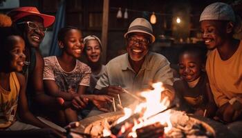 Cheerful families bonding by a bonfire outdoors generated by AI photo