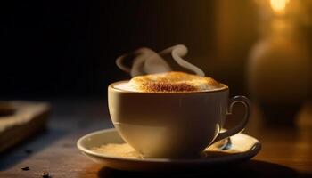 Frothy cappuccino on rustic wooden table foreground generated by AI photo