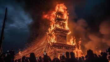 Flames ignite culture, religion, and old ruins generated by AI photo