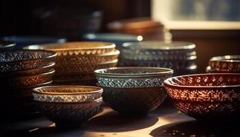 Antique pottery bowl with ornate East Asian pattern generated by AI photo