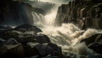 Majestic mountain drops into rapid flowing water generated by AI photo