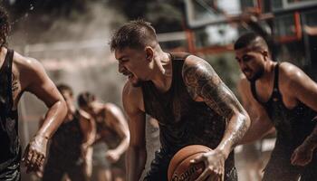 joven adultos practicando baloncesto al aire libre en el lluvia generado por ai foto