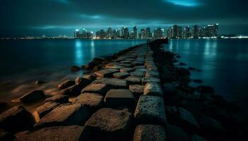 ciudad horizonte refleja en tranquilo agua olas generativo ai foto