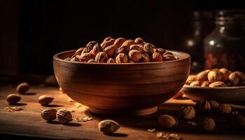 Nutty snack bowl hazelnut, walnut, almond, pecan generative AI photo