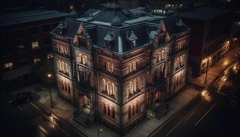 Illuminated gothic architecture reflects city life at night photo