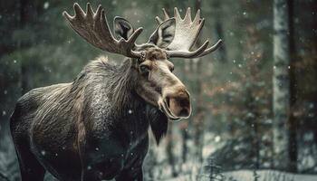 Horned elk in winter forest, snowing tranquility generative AI photo