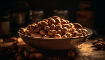 Healthy nuts and fruits in rustic bowl photo