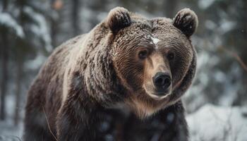 oso pardo oso caminando en Nevado Alberta bosque generado por ai foto