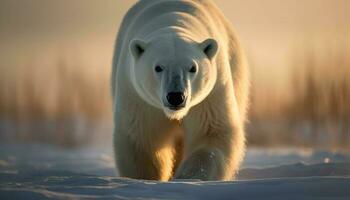 Large furry mammal in arctic snow walking generated by AI photo