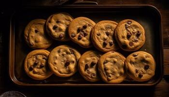 hecho en casa chocolate chip galletas en rústico madera mesa generado por ai foto