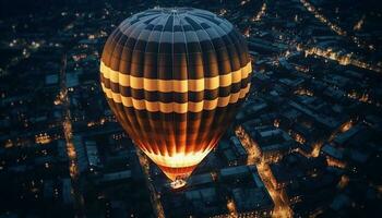 Hot air balloon flying high above cityscape generated by AI photo