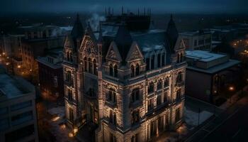 iluminado gótico arquitectura, ciudad horizonte a oscuridad generado por ai foto