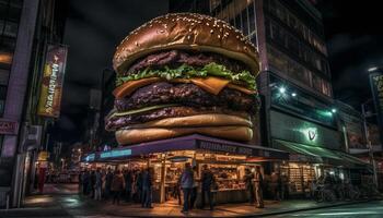 Nighttime burger joint in famous city serves gourmet beef generated by AI photo