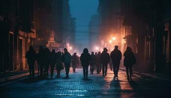 siluetas caminando en el brumoso ciudad noche generado por ai foto