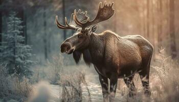 Horned elk grazes in tranquil winter wilderness generated by AI photo