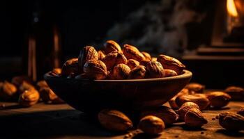 Nutty snack bowl hazelnut, pecan, almond, walnut generated by AI photo