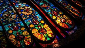 Stained glass windows illuminate ancient cathedral spirituality generated by AI photo