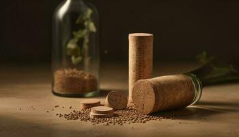Wine bottle cork stopper, spilling liquid heap generated by AI photo