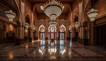 Ornate chandelier illuminates majestic mosque elegant design generated by AI photo