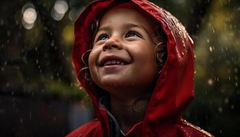 Smiling child enjoys playful raindrop beauty outdoors generated by AI photo