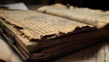 Antique Bible, stained pages, wisdom of Christianity generated by AI photo