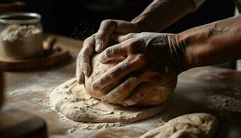 Handmade bread dough kneaded on wooden table generated by AI photo