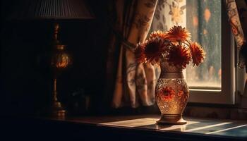 Elegant bouquet on rustic table, candlelight romance generated by AI photo