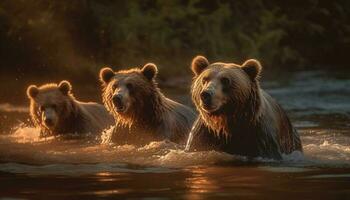 Playful mammal splashing in wet forest stream generated by AI photo