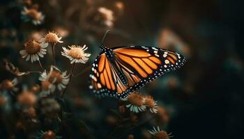 Vibrant monarch butterfly pollinates fragility of flower generated by AI photo