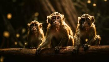 Tres joven macacos sentado en un árbol generado por ai foto