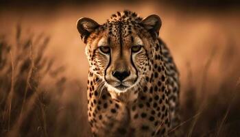 Majestic cheetah staring into the sunset beauty generated by AI photo