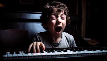 Caucasian boy playing piano, learning musical instrument generated by AI photo