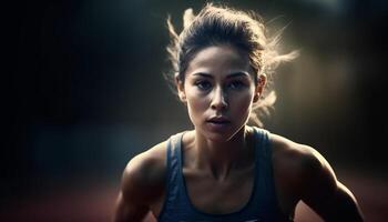 Young woman with muscular build jogging outdoors generated by AI photo