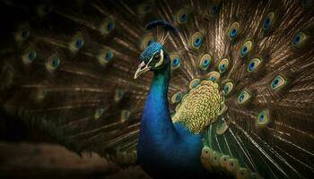 Majestic peacock displays vibrant multi colored feather pattern generated by AI photo