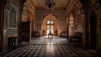 Ornate chandelier illuminates ancient altar in elegant church generated by AI photo