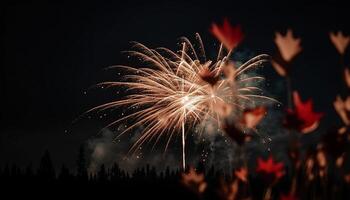 Glowing fireworks illuminate dark night sky outdoors generated by AI photo