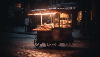 Nighttime street food vendor grills famous meat generated by AI photo