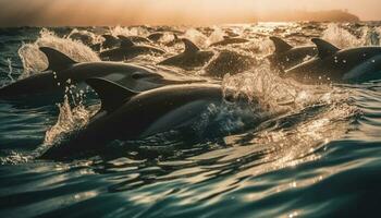 Playful dolphin jumping in blue sea spray generated by AI photo